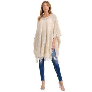 Cream Open Knit Fringe Poncho Cover Up Boho Oversized One Size NWT